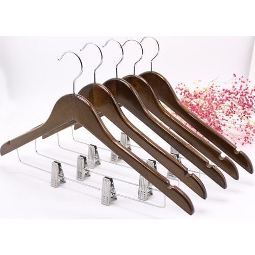 10pcs/lot 45cm Solid Wooden Hangers Anti-skid Wood Clothes Racks with Clips Adult Hanger
