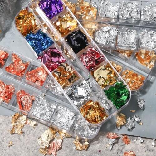 12 Grid Nail Sequins Irregular Aluminum Foils Rose Gold Silver Nail Glitter Flakes 3D Colorful DIY Manicure Nail Art Decorations