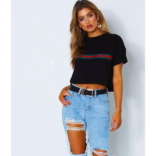 2021 Summer New Womens T-shirt Short Round Neck Sexy Red And Green Striped Short-sleeved Womens T-shirt Rm