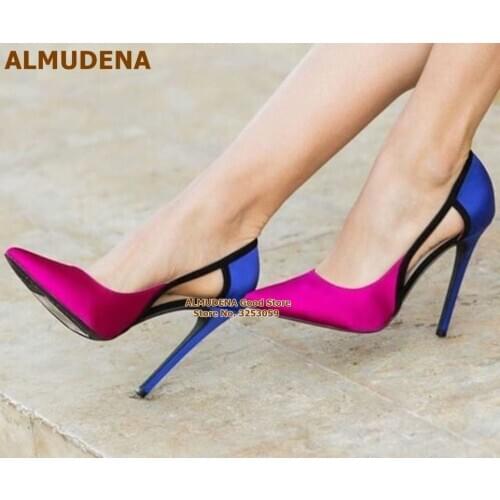 ALMUDENA Satin Cloth Patchwork High Heel Shoes Fuchsia Blue Silk Fabric Cut-out Wedding Shoes 12cm Heel Pointed Toe Party Shoes