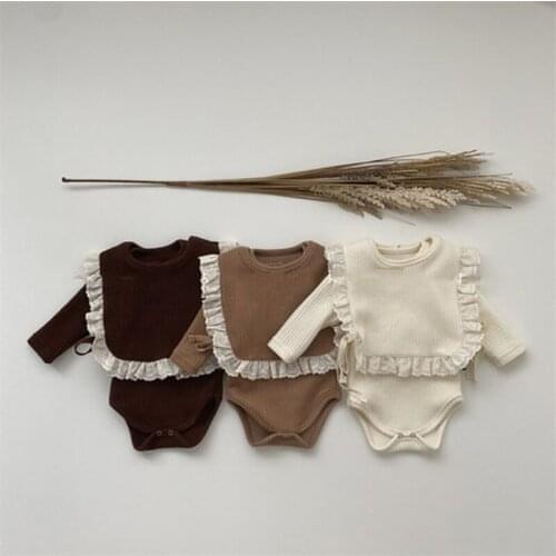 Bear Leader Newborn Baby Spring Autumn Ribbed Solid Long Sleeve Casual Bodysuits Lace Bib 2PCs Infant Clothes suit