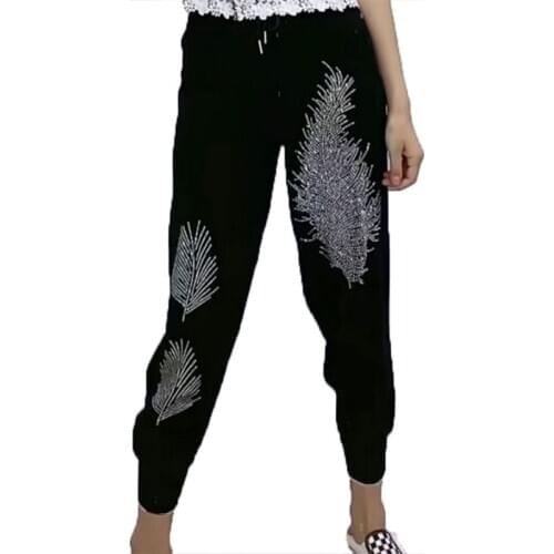 2020 Autumn New Korean High Waist Butterfly Hot Diamond Black Pants Women Plus Size Loose Trousers Harem Pants Thin Feet Woman