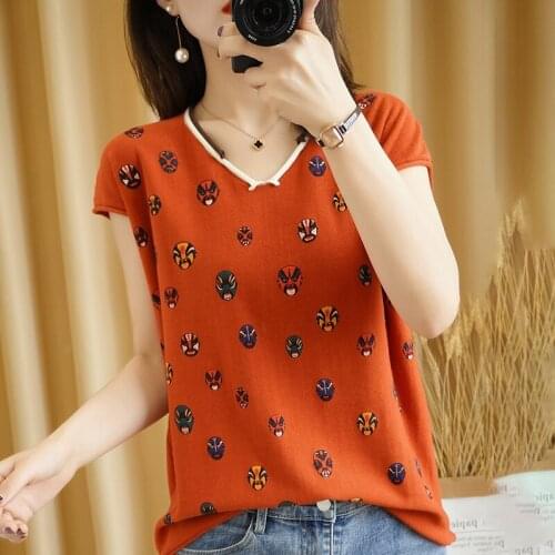 Summer Womens T-Shirt Chic Casual V-Neck Short Sleeve 100% Cotton Knitted Female Pullover Thin Cool Clothing Jumpers Tops Tees