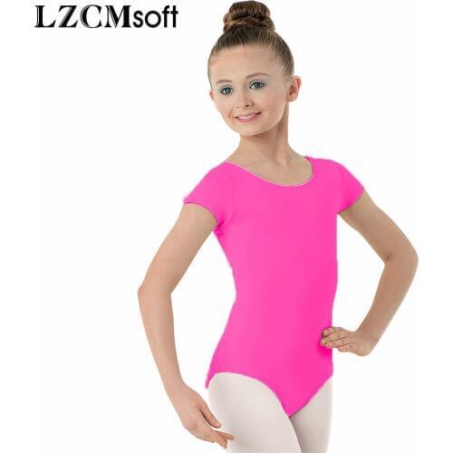 LZCMsoft Girls Nylon Spandex Scoop Neck Gymnastics Leotards Child Short Sleeve Ballet Dancewear Stage Performance Bodysuit Kids