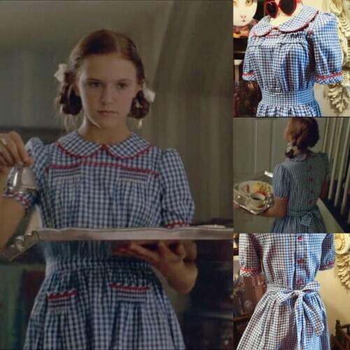 Movie Lolita Style Summer Dress Blue Plaid Check Short Sleeve Puffy Sleeve Cute Girl Cotton Dress Cosplay