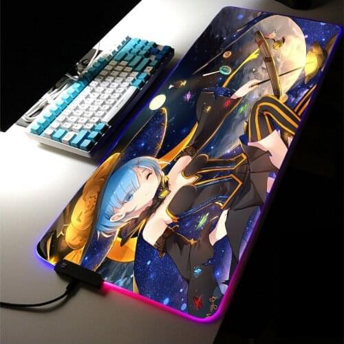 Cute White Hair Girl Rem RGB LED Light Gaming Accessories Led Large MousePad Anime Re Zero Keyboard DeskMat Game LOL Room Carpet
