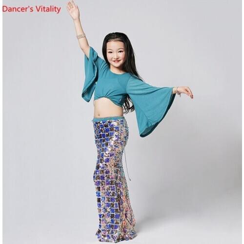 Belly Dance Suit Loose Long Sleeves Top Sequins Long SKirt Exercise Clothes Modern Dancing Set Child Performance Clothing