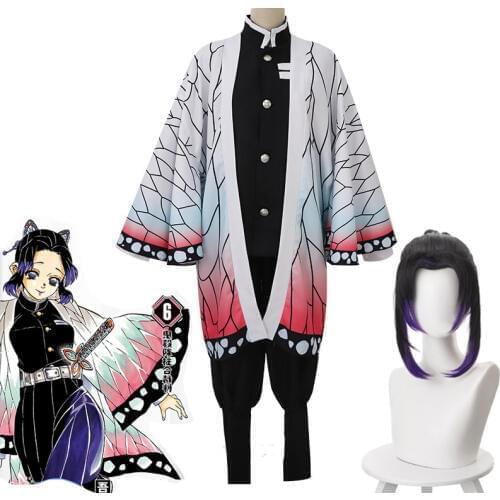 Anime Demon Slayer Kimetsu No Yaiba Kochou Shinobu Cosplay Costume Kimono Uniform Sets Wigs 2019 Halloween Party For Women CS009