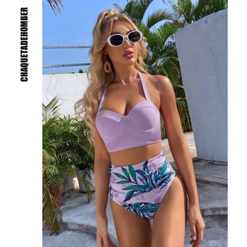 Leaf and Floral Halter High-waisted Bikini Sets Swimsuit For Women Sexy Tank Two Pieces Swimwear 2021 Beach Bathing Suit Bikini