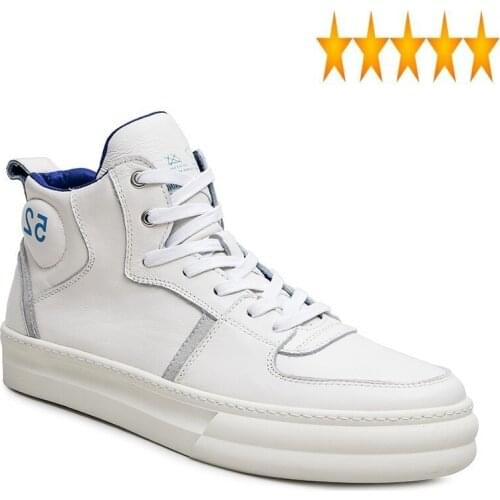 Men Autumn Winter High-Top 100% Real Leather Cowhide Breathable Sneakers Luxury Casual Flats Lace Up Hip Hop White Shoes