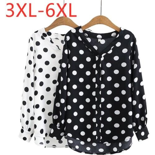 New 2021 Ladies Spring Autumn Plus Size Top For Women Large Long Sleeve Loose Casual Black Dot Chiffon Shirt 3XL 4XL 5XL 6XL