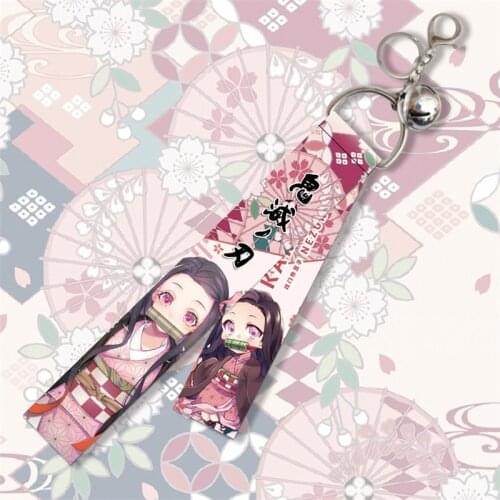 New Demon Slayer: Kimetsu no Yaiba Lanyards Keychain Anime Figures Webbing Silver Color Bell Key Chain Backpack Hanging Ornament