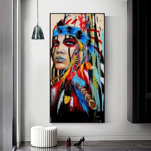 Colorful Feather Indian Woman Oil PaintingsPrint on Canvas Art Posters and Prints Woman Portrait Wall Pictures Home Cuadros