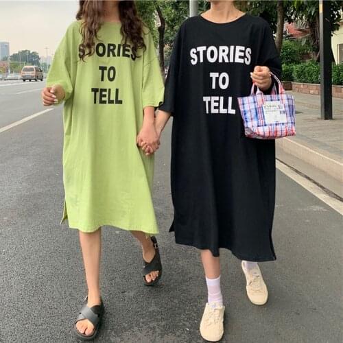 Girlfriends Dress Women Summer Casual Loose Dresses Oversize Tunic Side Slit Solid T Shirt Letter Print Dress Ladies Clothing