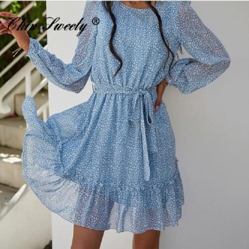 Dots Print Ruffled O-Neck Summer Dress Women Elegant Long Sleeve Sashes Female Chiffon Dresses Beach Spring Mid Ladies Clothes