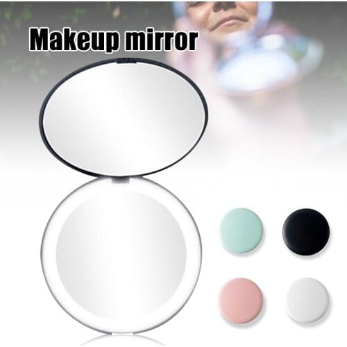 2021 Mini Portable Makeup Mirror with LED Light Double Sided Folding Mirror 2X Magnification Round 90mm