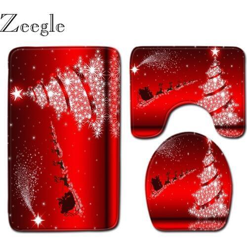 Zeegle Christmas Bathroom Mat Flannel Anti Slip Bath Rug Home Decor Bathroom Product Pedestal Rug Lid Toilet Cover Washable Rug