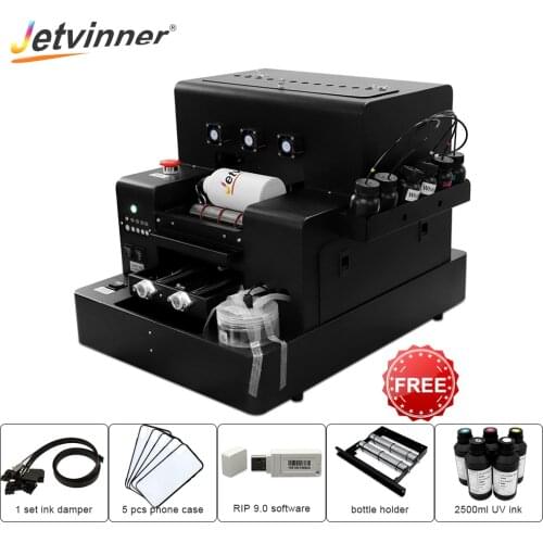 Jetvinner UV Printer A4 Flatbed Printer Phone Case Printer With Bottle Holder With 2500ml UV Ink For Plastic Glass TUP PVC Wood