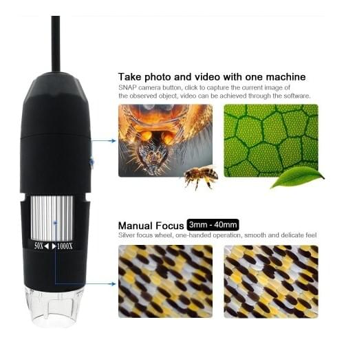 USB Digital Zoom Microscope Magnifier with OTG Function Endoscope 8-LED Light Magnifying Glass 1000X Magnification with Stand