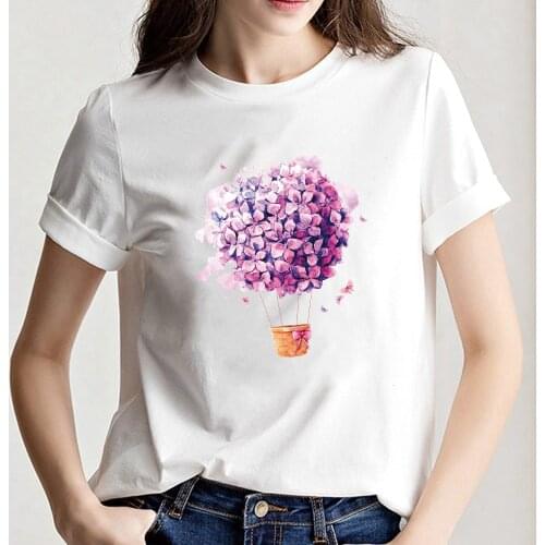 Flower Hot Air Balloon Print Women T-shirts 2021 Fashion Short Sleeve Plus Size Summer Shirt for Women Clothes Loose Tee Top