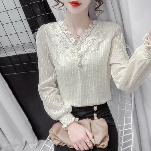 Women 2021 Spring New Fashion Long-sleeved Thin Shirts Female Solid Color Lace Blouses Ladies V-neck Chiffon Shirts W102