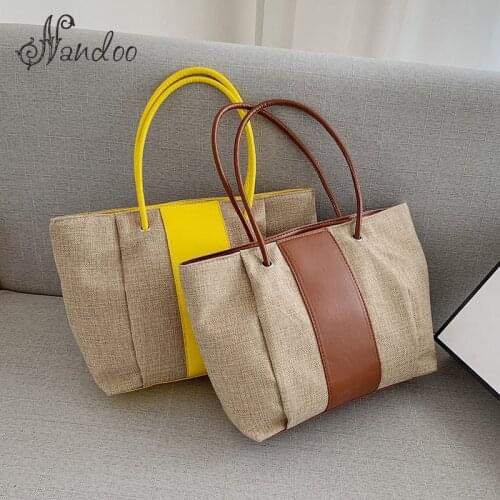 Large Capacity Tote Bags for Women 2021 New Casual Linen and PU Leather Handbag Designer Bag Patchwork Travel Shoulder Bags