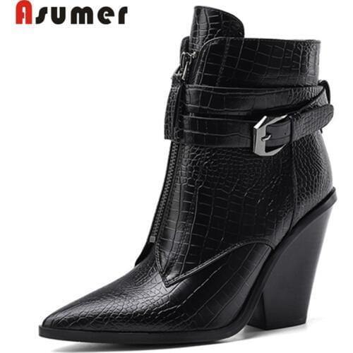 ASUMER 2020 big size 34-46 high heel wedges shoes women ankle boots pointed toe buckle zip cowboy european western boots woman