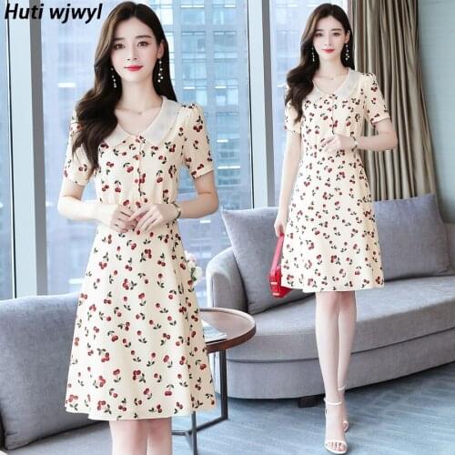 2021 Korean Elegant Women Plus Size Boho Beach Dress Party Short Sleeve Vestido Summer Vintage Floral Chiffon Sexy Mini Sundress