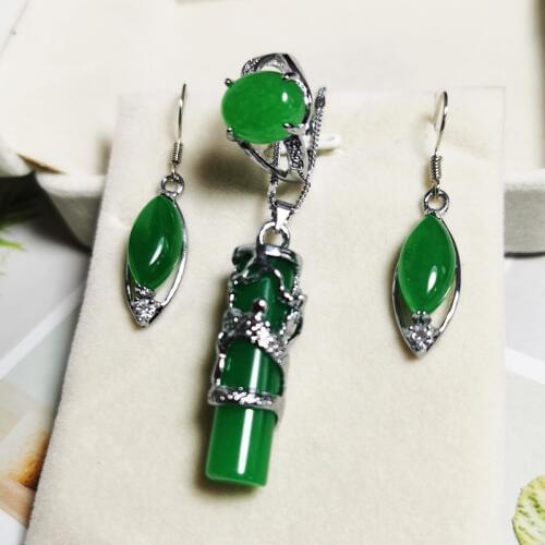 Jadery Women Silver Jewelry Sets CZ Natural Green Jade Emerald Necklace/Earrings/Ring Silver 925 Jewelry Wedding Party Best Gift