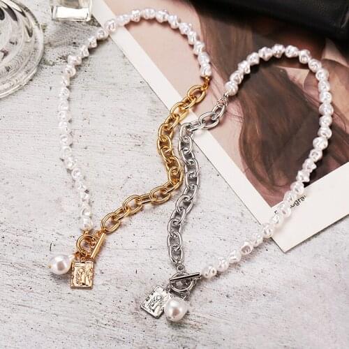 Vintage Baroque Irregular Pearl Pendant Necklace For Women Asymmetric Lock Chain Choker Necklaces Chunky 2021 Trend Jewelry