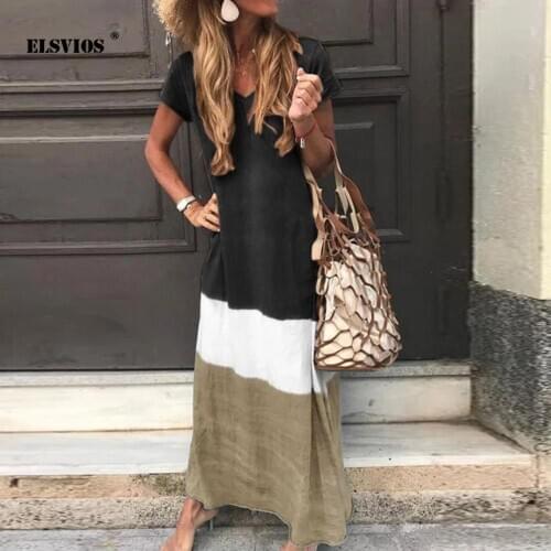 Plus Size 2020 Summer New V Neck Print A-line Long Dress Casual Patchwork Beach Dress Elegant Short Sleeve Party Dresses Vestido