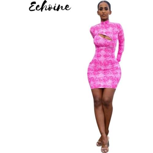 Echoine Women Sexy Tie Dye Bodycon Mini Dress Fashion Print Turtleneck Long Sleeve Hollow Out Silm Skirt Night Club Dress Plus