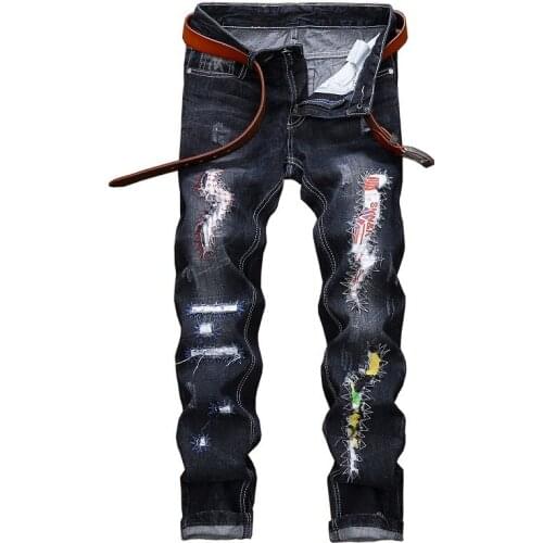 2021 Spring New Brand Patch Hole Distressed Jeans Mens Slim Straight Jeans Designer High Quality Washed Full Lenght Hot Sale