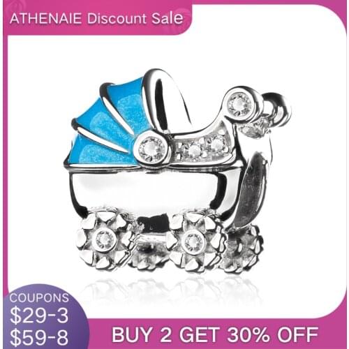 ATHENAIE 925 Sterling Silver with CZ Light Blue Enamel Babys Pram Bead Charms
