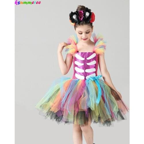Children Day Of The Dead Halloween Costume Girls Skeleton Skull Dia Muertos Fancy Tutu Dress with Headband Cosplay Party Dress