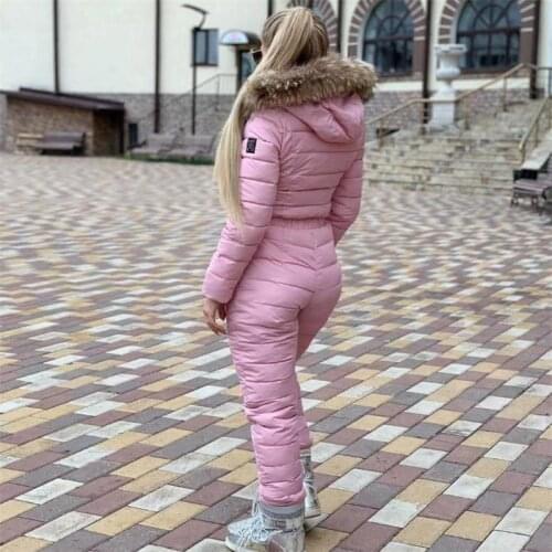 European American Womens One-PieceTrousers Plus Cotton Hooded Really Large Fur Collar Windbreak Outdoor Sports Suit Ski Red XXL