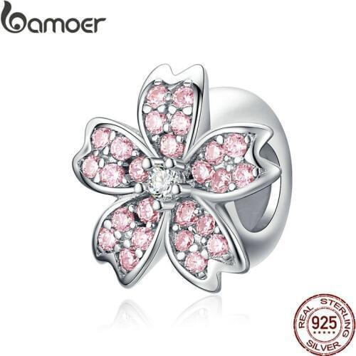 Bamoer Pink Cherry blossom Flower Charm Stopper for Women 925 Sterling Silver Charms Bracelet & Bangle European Jewelry SCC1291