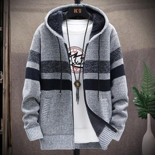 Fleece Warm Sweater Men Winter Hooded Cardigan Mens Striped Slim Sweaters Patchwork Coat Knitted Mens Hoodie Jumper Clothing