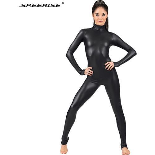 Adult Black Long Sleeve Shiny Metallic Unitard Womens Spandex Plus Size Full Bodysuit Dance Ballet Gymnastics Catsuit