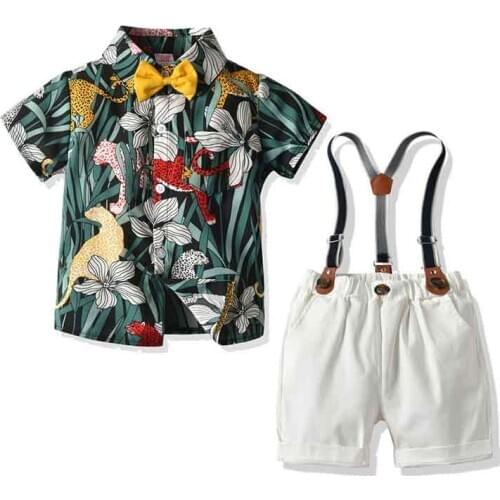Fashion Summer Children Boys Clothes Sets Boy Bow Tie Printed Shirt + Strap Shorts Gentleman 2Pcs Suit for Beach Party Suits