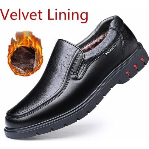 Mens Genuine Leather Formal Shoes Slip-on shoes Casual Flats Wear-resistant Shoes Comfortable Plus Velvet Warm mens shoes