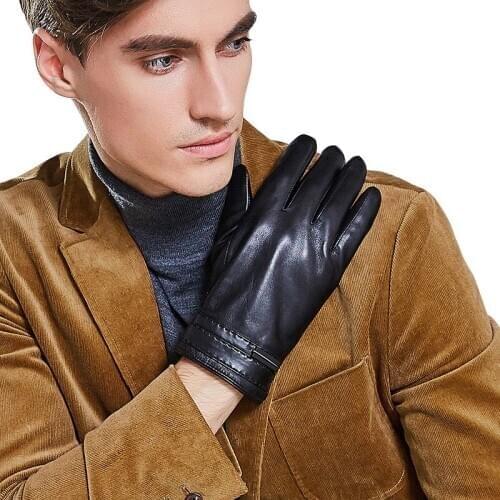 Real Leather Men Gloves Autumn Winter Keep Warm Velvet Lined Fashion Black Goatskin Gloves Male Touch Screen MX9172