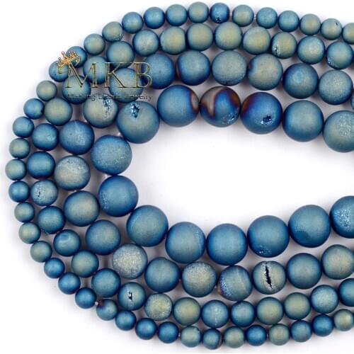 6 8 10 12mm Natural Stone Blue Druzy Cracked Crystal Agates Beads For Jewelry Making Charms Diy Bracelet Necklace 15" Wholesale