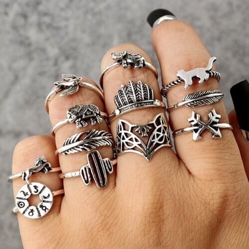 12pcs Women Ring Set Boho Vintage Silver Color Rings For Women Fox Leaf Geometric Female Finger Rings Set Bohemian Jewelry Gifts