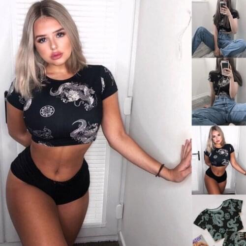 Loong Print Short Sleeve Slim Short Crop Top Sexy Navel T-shirt Round Neck Ladies Blouse Pullover Fashion Girl Tops