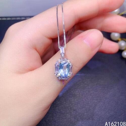 Fine Jewelry 925 Sterling Silver Inlay With Natural Gem Womens Classic Vintage Rectangle Blue Topaz Pendant Necklace Support De