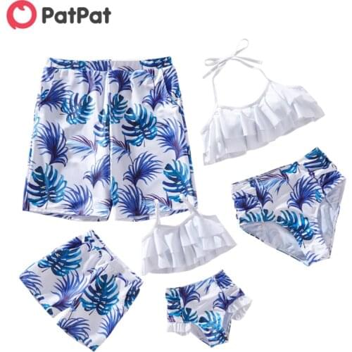 PatPat Family Look Solid Ruffle Top and Plant Print Shorts Matching Swimsuits