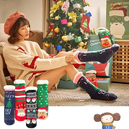 Christmas Socks Autumn Winter Unisex Slippers Home Socks Thick Plush Socks Christmas Soft Cotton Cute Santa Claus Deer Socks