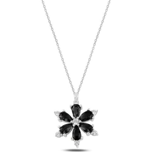 Silver 925 Sterling Lotus Flower Black Zircon Stone Necklace