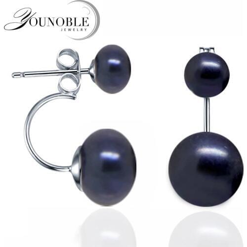 Real Natural Double Pearl Earrings 925 Sterling Silver Earrings Jewelry,Black Freshwater Pearl Earrings Wedding Girl Best Gift